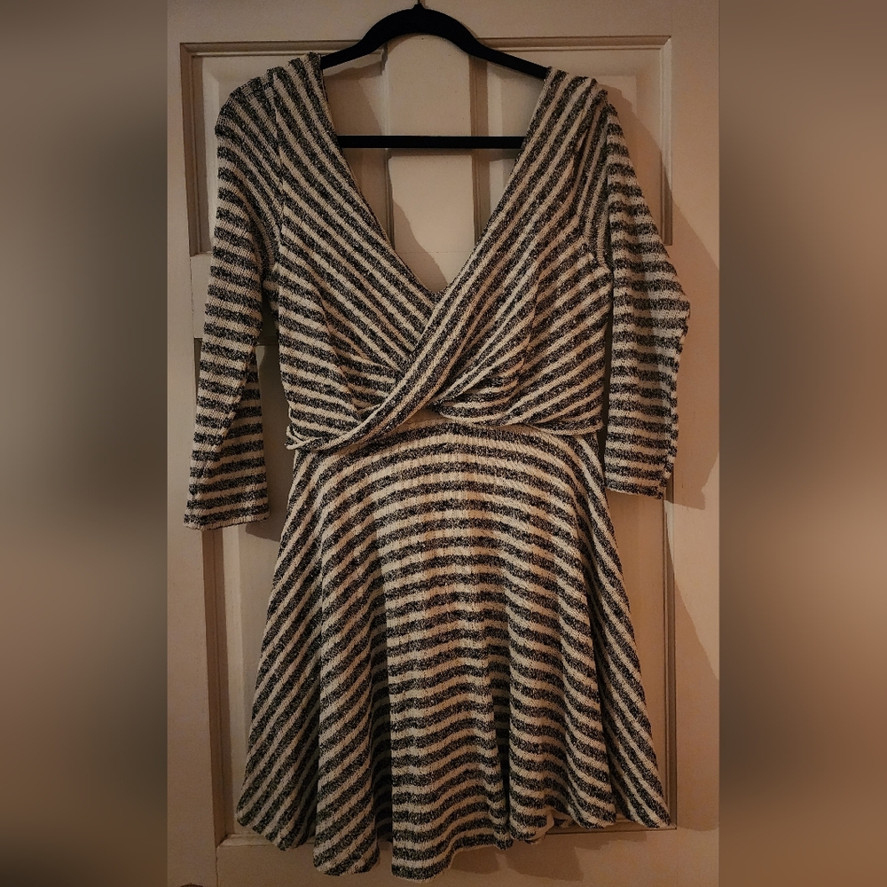 Free People Maverick Striped Knit Fit Flare Sweater Dress 3/4 Sleeve Size M - Picture 3 of 4